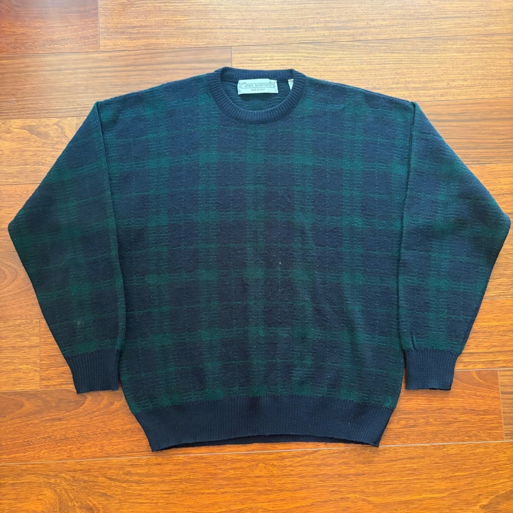 John Ashford Mens Plaid Crewneck Sweater Size M Green Blue Wool Blend Italy Vtg